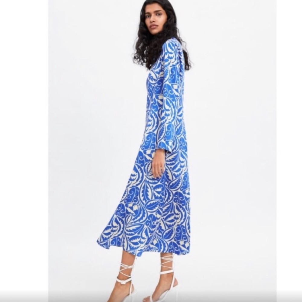 Zara Satin Blue Tan Long Sleeve Midi Dress Size XS - Picture 3 of 13